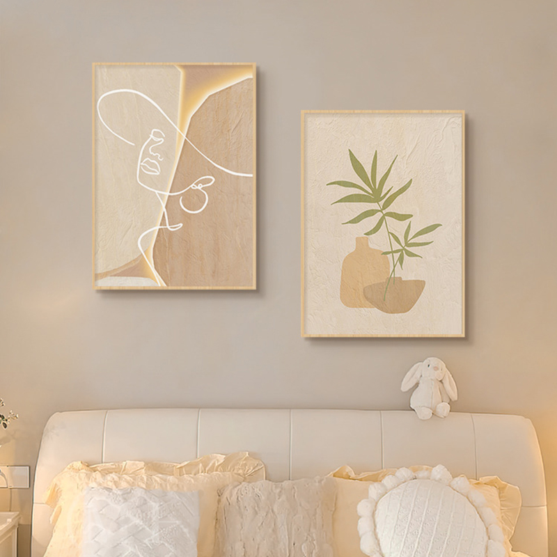 Korean Lifestyle Aesthetic - Houten crèmekleurige abstracte lijnkunst canvas schilderij